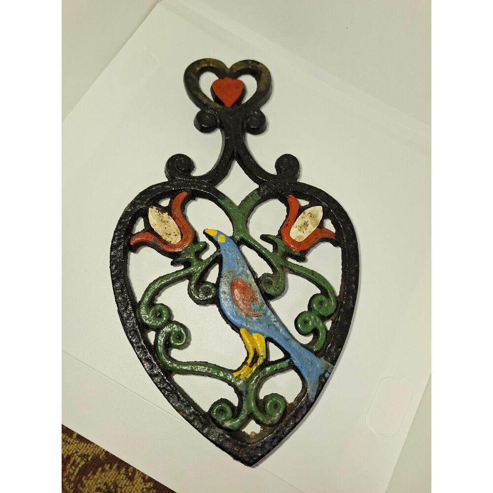 Vintage Cast Iron Trivet Bird Themed Painted Dove FOLK ART Blue Bird